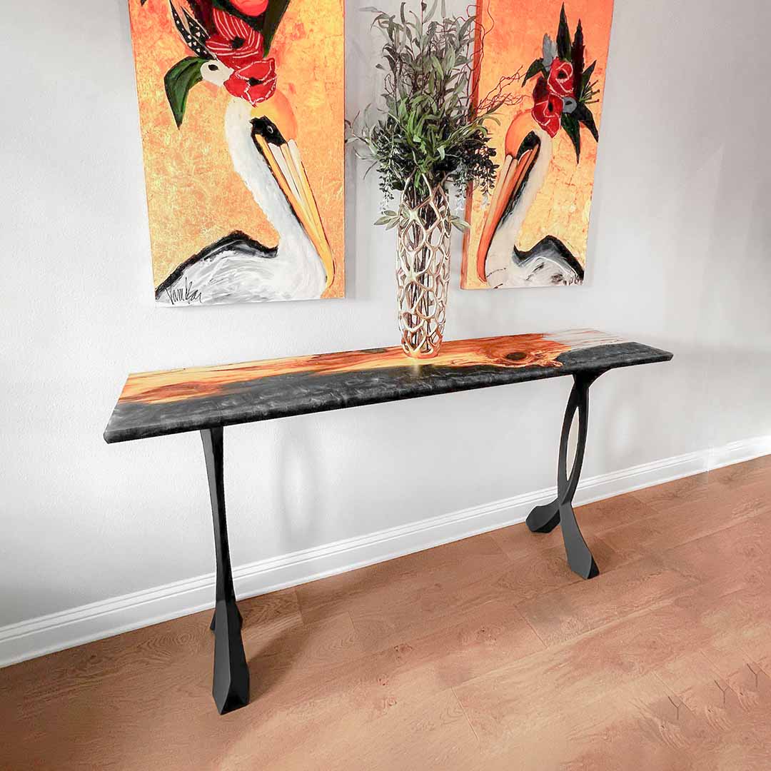 Minimalist setup with counter table legs metal 607 Curva 40.3" H under light wood top against white background.