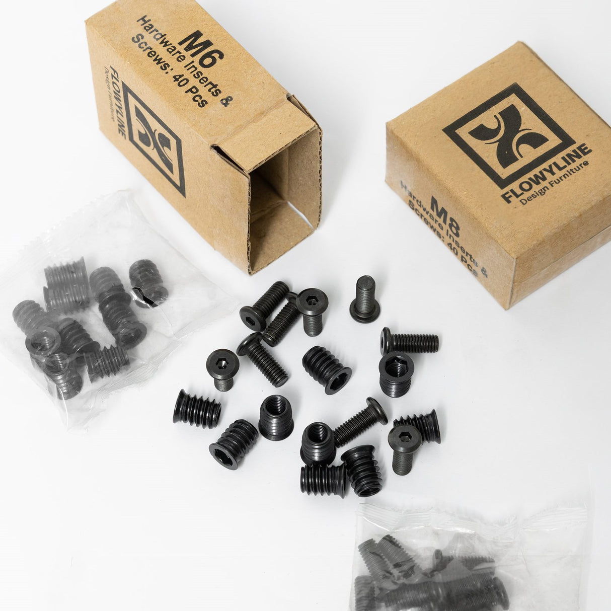 black screws and hardware insert with Flowyline branded boxes