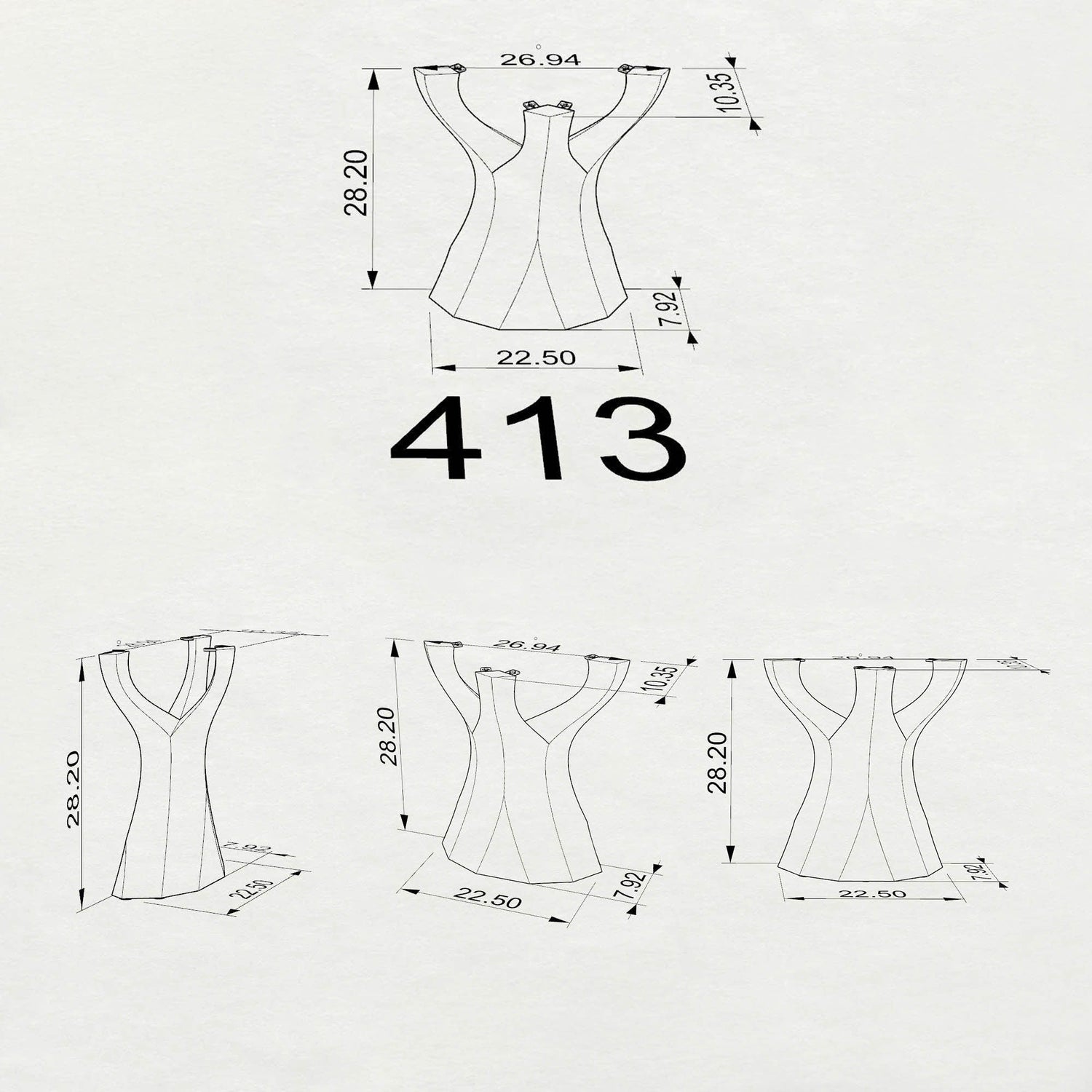 Technical drawing of a dress with measurements on a white background