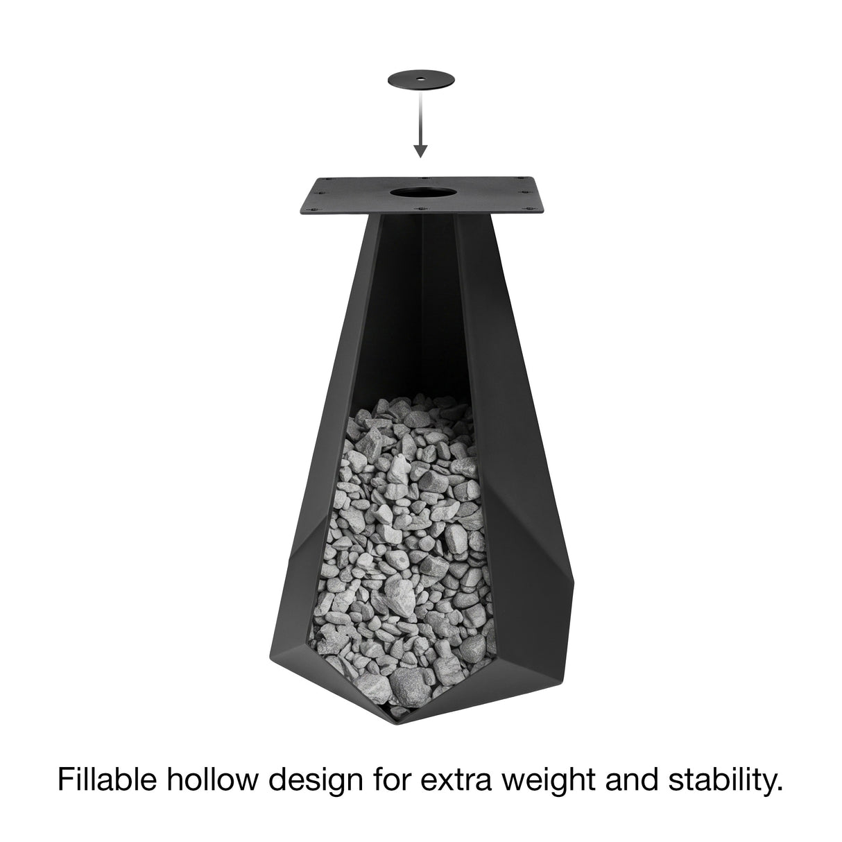 Metal Table Base 339 Facis 28.5" H – geometric pedestal base handcrafted from heavy-duty powder-coated steel in matte black. This sculptural metal base features sharp lines and a wide sturdy foundation (1,000 lbs capacity), specifically engineered to support a heavy live-edge tabletop, round wood top, or marble slab. A premium DIY steel table base and modern furniture foundation that brings a strong presence to custom dining room tables and creative studio spaces.
