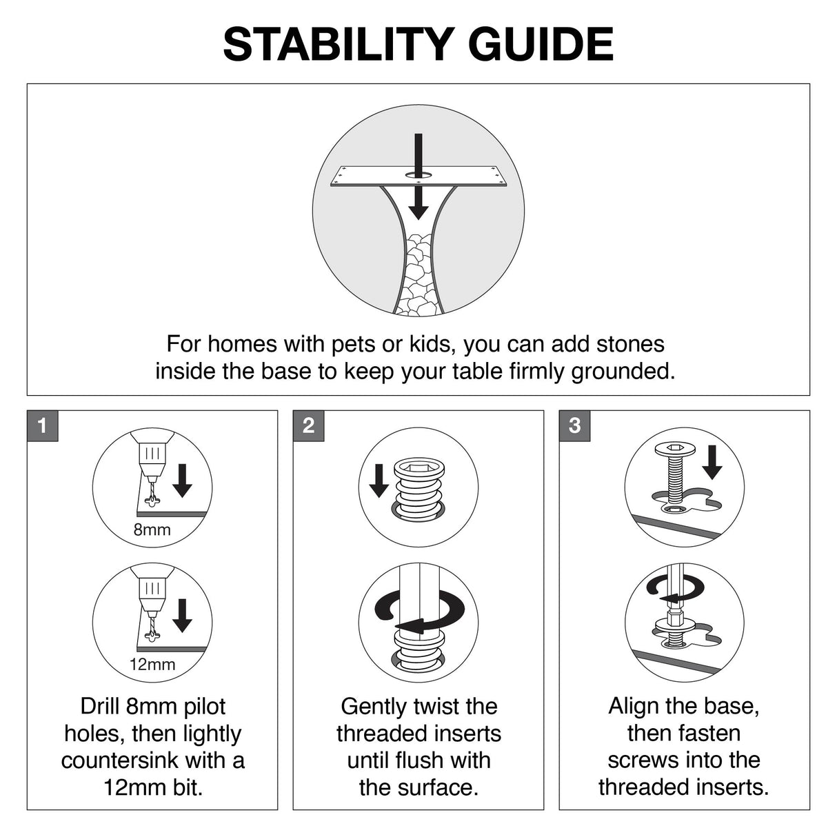 Product stability guide for 609 | 624 | 625 Lithe 36" H counter metal table legs with installation tips and balance chart.