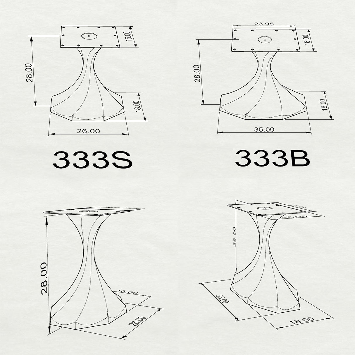 Black Metal Table Base 333 Lithe 28" H – Mid-Century modern pedestal base featuring a smooth, flowing silhouette handcrafted from heavy-duty powder-coated steel in matte black. This artisanal metal dining base features a unique hollow design for gravel-filling to maximize stability and an ultra-sturdy foundation (1,000 lbs capacity) available in 26"L (333S) or 35"L (333B) configurations. A premium DIY steel table base engineered with expansive pre-drilled mounting plates to securely support a heavy live-edg