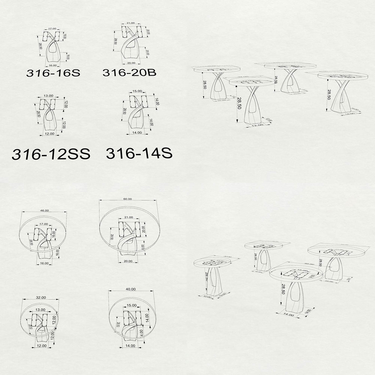 Black Metal Table Base 316S Tulipe 28" H – Mid-Century modern pedestal base handcrafted from heavy-duty powder-coated steel in matte black. This sculptural metal dining base features a unique hollow design for gravel-filling to maximize stability and a sturdy foundation (1,000 lbs capacity) available in five square base widths: 12", 14", 16", 20", or 23". A premium DIY steel table base engineered with expansive pre-drilled mounting plates to securely support a heavy live-edge tabletop, marble slab, or wood