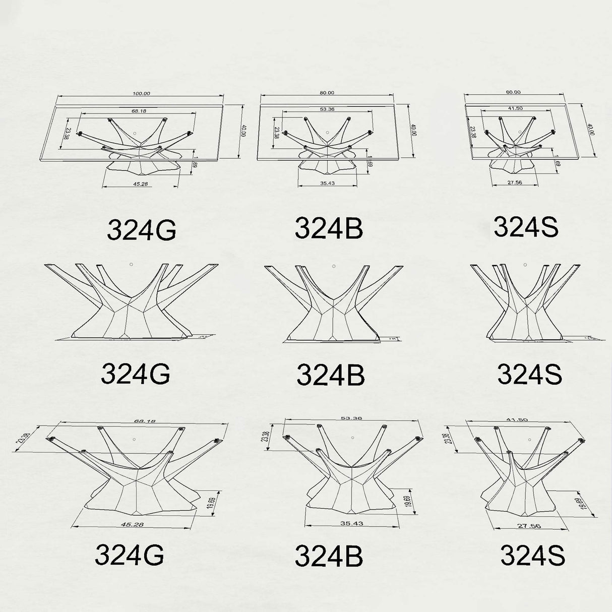 Black Metal Table Base 324 Kruna 28" H – Modern industrial pedestal base handcrafted from heavy-duty powder-coated steel in matte black. This sculptural metal dining base features a bold branching design and a sturdy foundation (1,000 lbs capacity) available in three base widths: 27.6" (324S), 35.4" (324B), or 45.3" (324G). A premium DIY steel table base engineered with an expansive, wide-format pre-drilled mounting plate to securely support a massive live-edge tabletop, heavy marble slab, or wood dining to