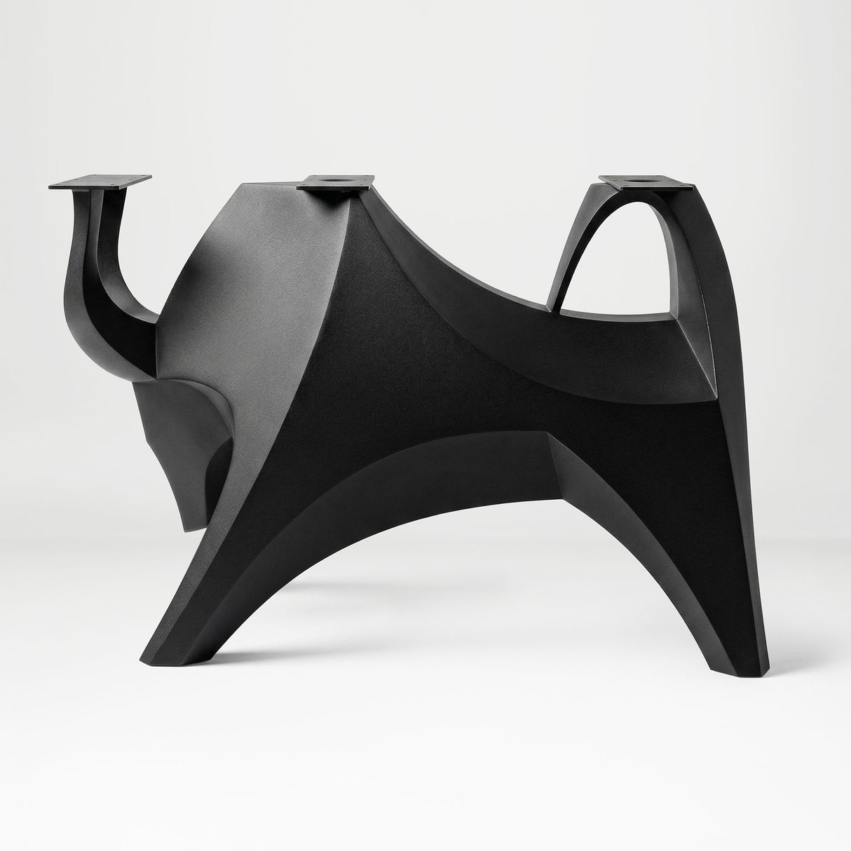 Metal Table Base 803 Bullos 28.5" H – bold bull-inspired pedestal base handcrafted from heavy-duty powder-coated steel in matte black. This sculptural metal base features powerful muscular curves and a wide sturdy foundation (1,000 lbs capacity), perfect for large custom dining tables, designer cafes, or boutique displays. A premium DIY furniture base and heavy-duty steel table base designed for marble, glass, or wood tops in industrial, minimalist, and Scandinavian interiors.