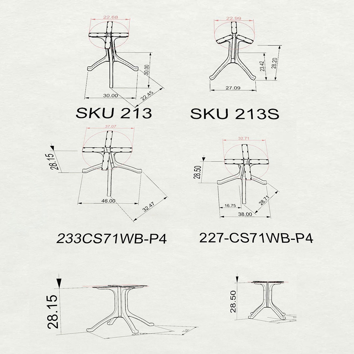 3D drawings of chair legs with dimensions and SKU