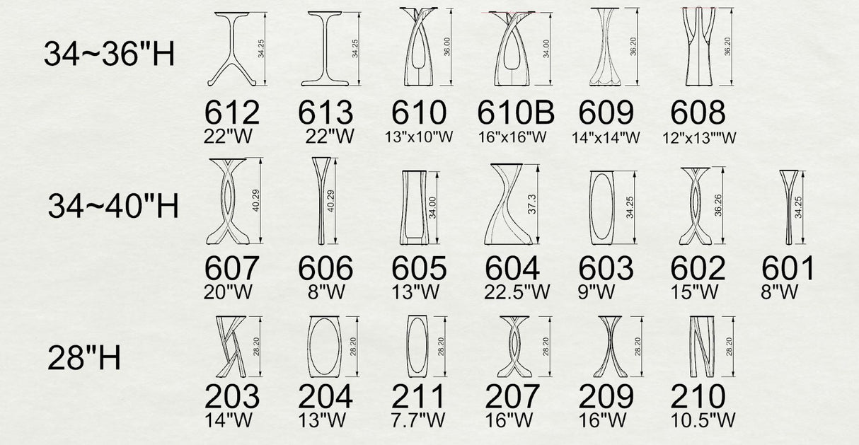 Size chart displaying available dimensions and specifications for counter table legs metal options.