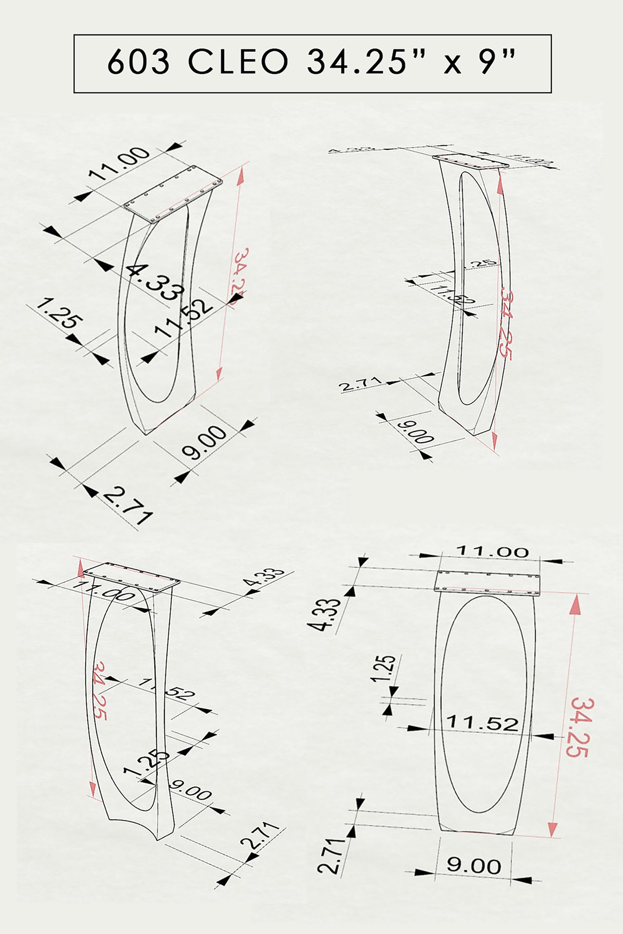 Technical drawing and measurement chart for 603 Cleo 34.3" H counter table legs metal.
