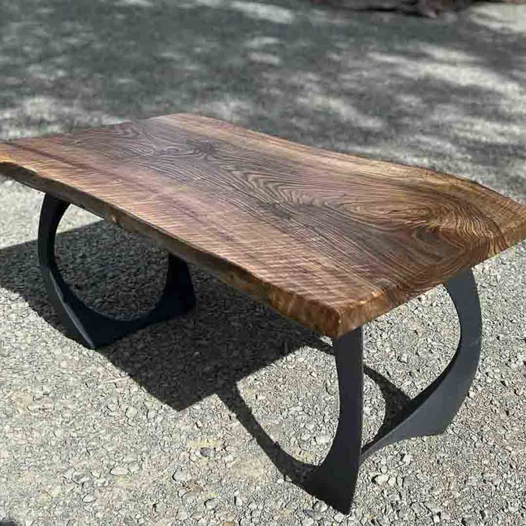 rustic dining bench with live edge wood and metal bench legs – strong steel frame for everyday use