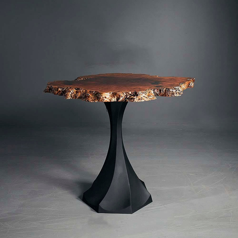 Metal Counter Table Base - 609 | 624 | 625 Live-edge round tabletop mounted on Lithe 36" H counter metal table legs with artisan finish.