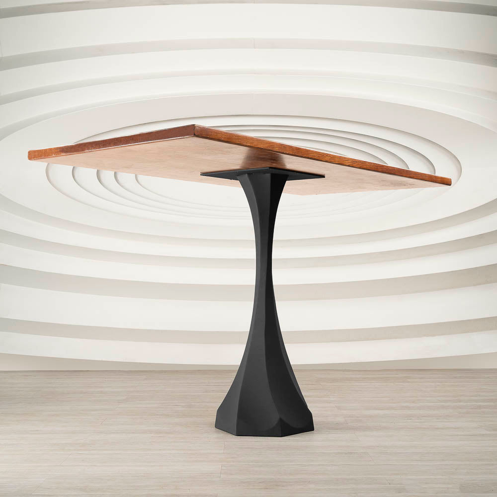 Side view highlighting craftsmanship of 609 | 624 | 625 Lithe 36" H counter metal table legs beneath a solid wood top.