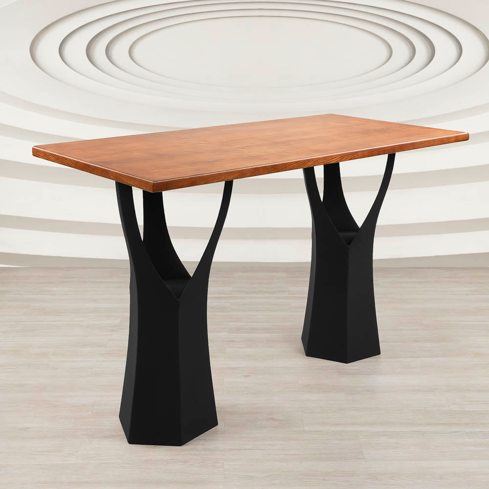 Handcrafted 36" H counter metal table base supporting live-edge wood tabletop in modern dining room