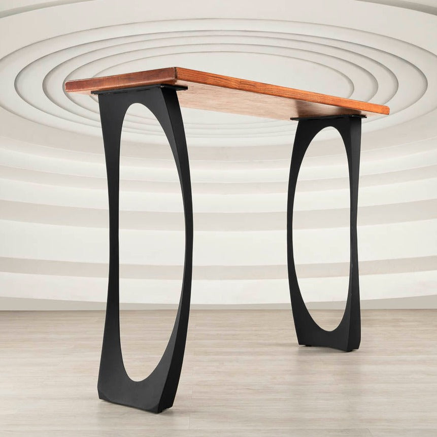 603 Cleo 34.3" H counter table with sculptural black counter metal table legs and wood top in modern design.