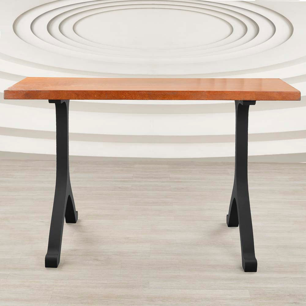 Wide front shot of counter table with strong 612 Wishbone 34" H metal legs for counter table supporting a natural wood top.