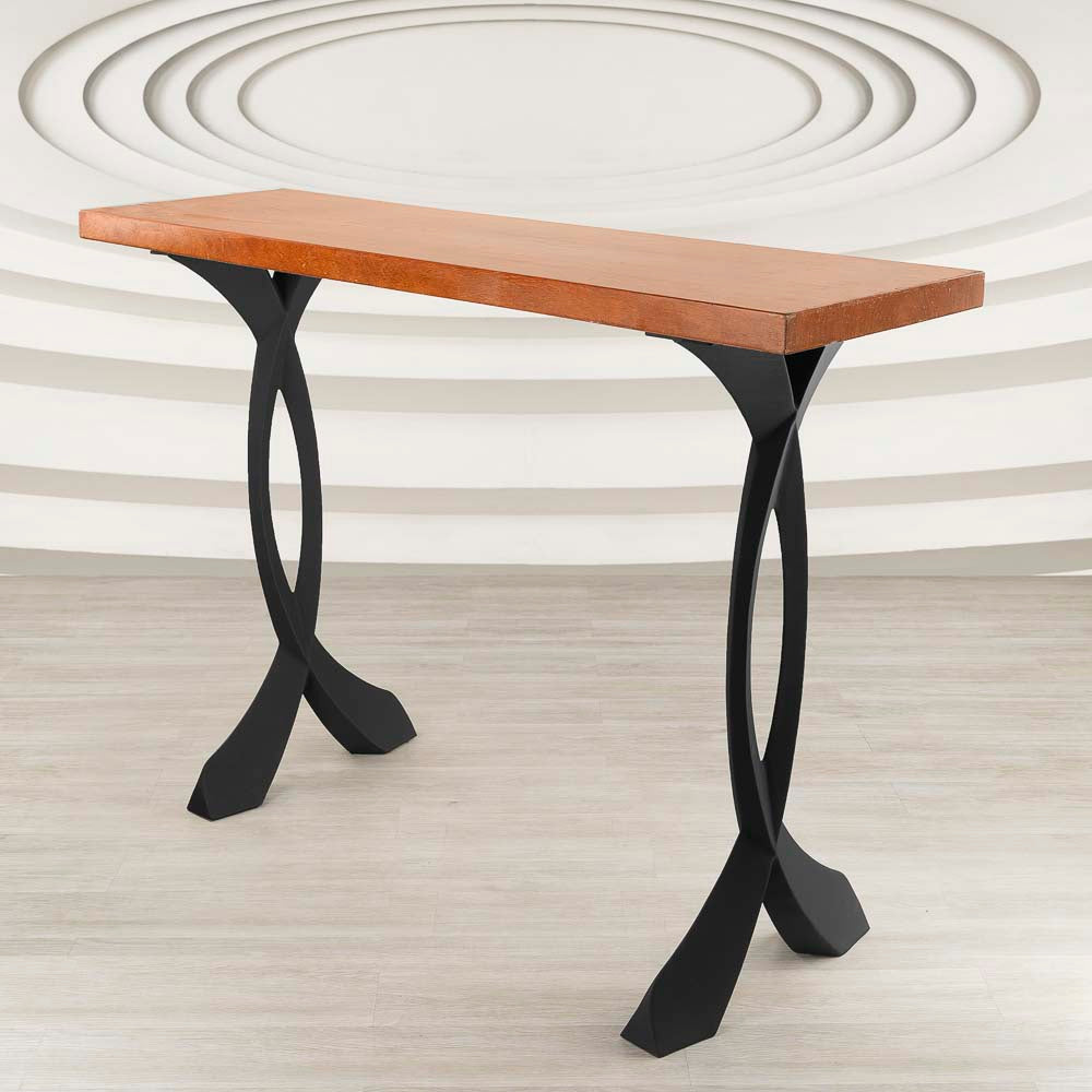 Angled view of counter metal table legs 607 Curva 40.3" H emphasizing curved double-leg design and stability.