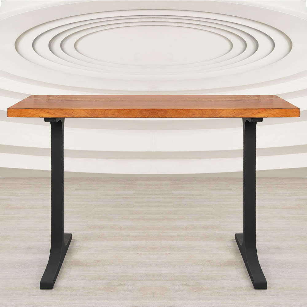 Front view of wooden counter table featuring 613 Wineglass 34" H sleek metal legs for counter table in a T-shaped design.