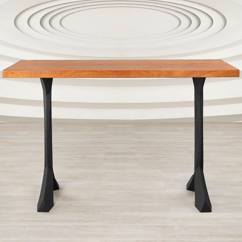 Front view of counter table legs metal 607 Curva 40.3" H supporting a rectangular wooden top, ideal for kitchen counters.