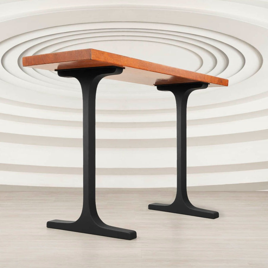 Modern counter table with 613 Wineglass 34" H black metal counter table legs supporting a warm wooden top.