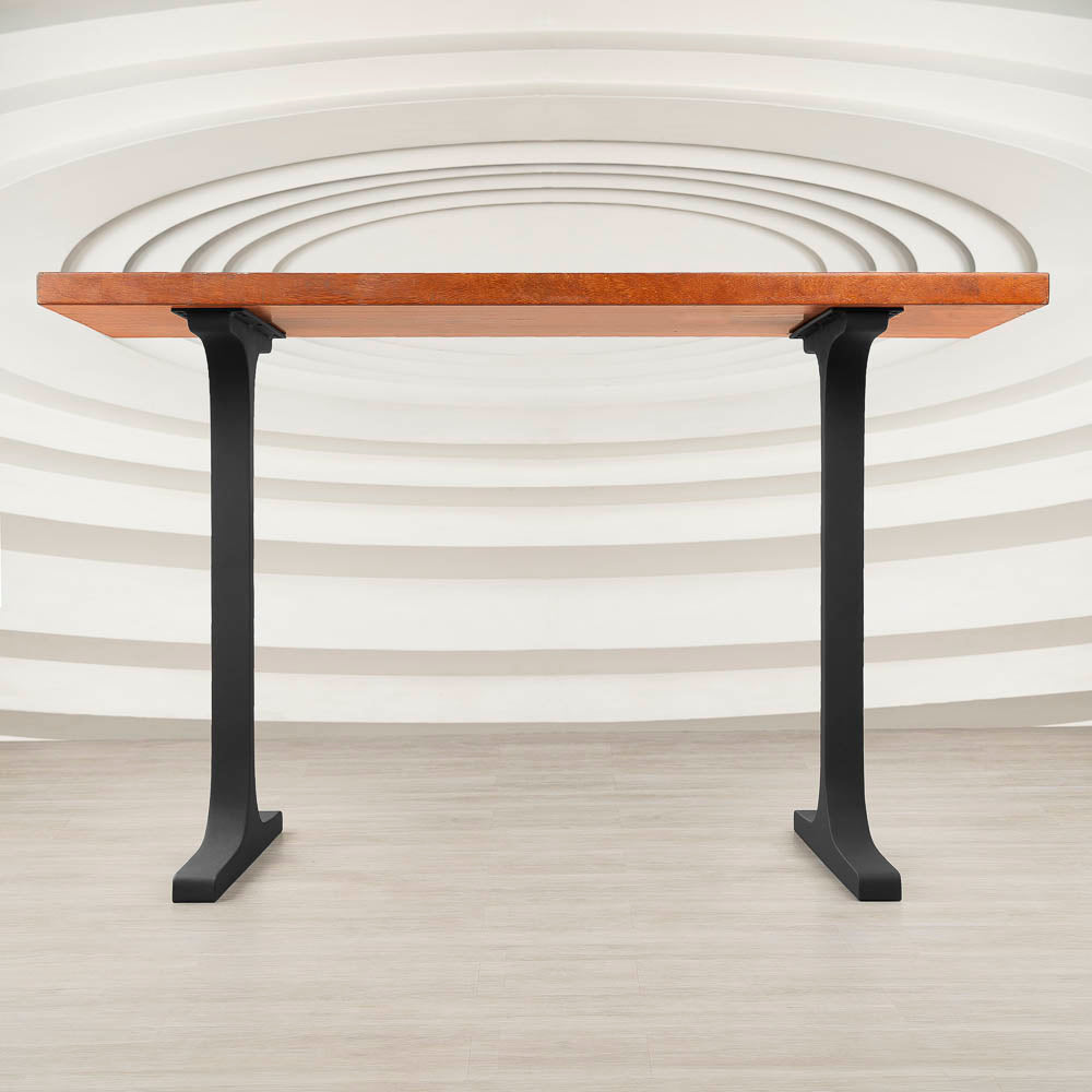 Rectangle counter table design with 613 Wineglass 34" H black counter table legs metal supporting a wooden top.