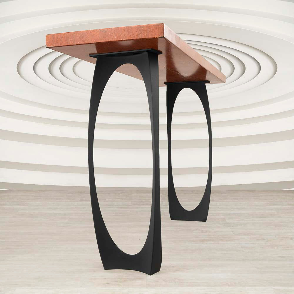 View from below of 603 Cleo 34.3" H counter table legs metal highlighting craftsmanship and stability.