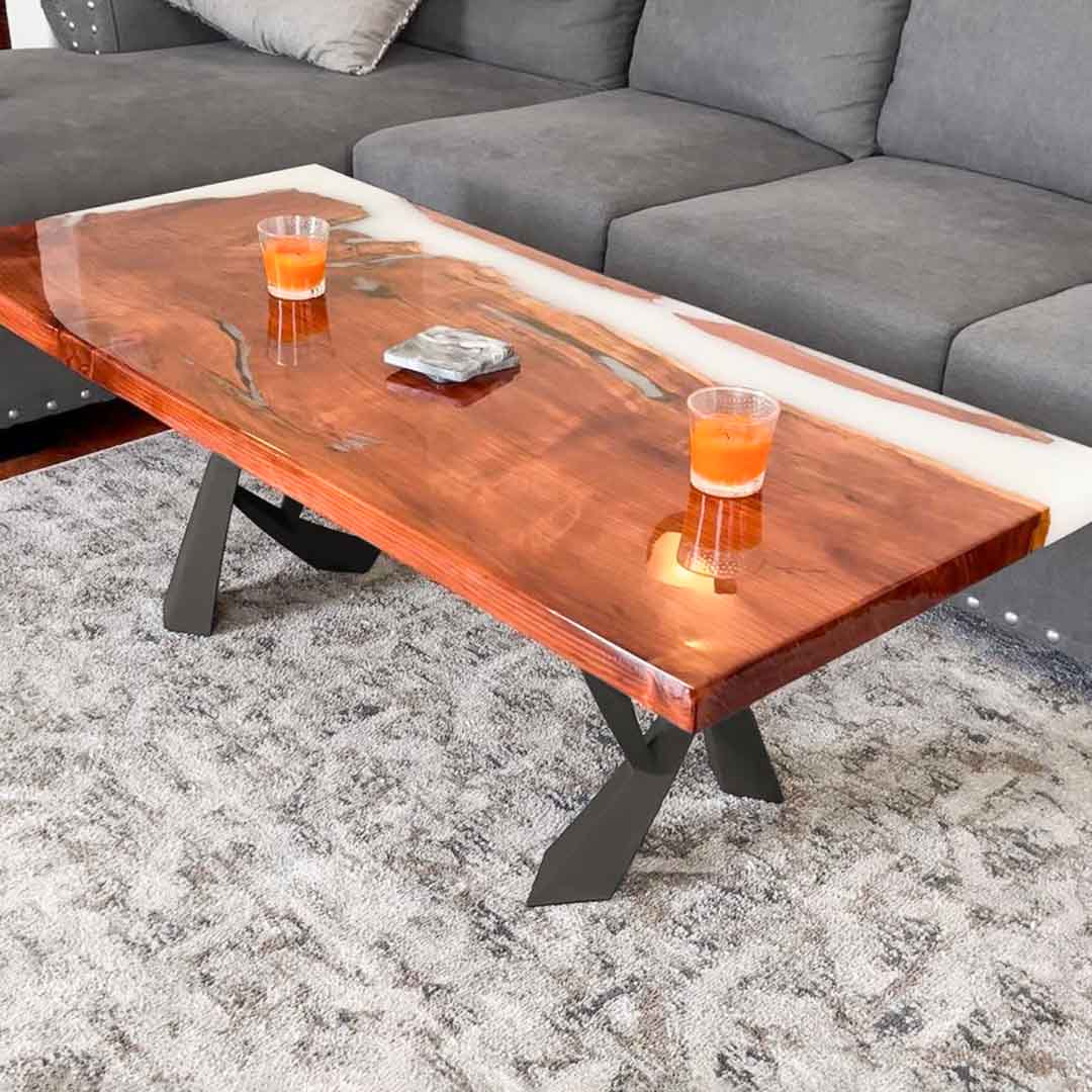 rustic epoxy bench with X frame metal legs - durable steel legs for modern farmhouse furniture