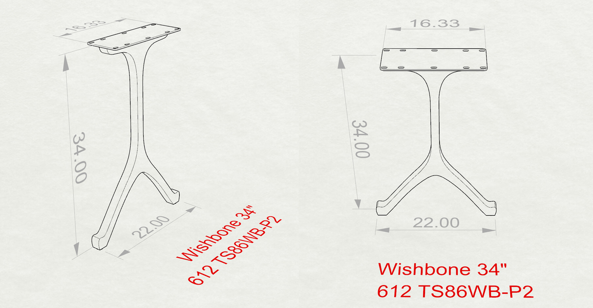 Metal Counter Table Legs - 612 Wishbone - 34H inch - Technical diagram showing measurements and mounting details for metal counter table legs.