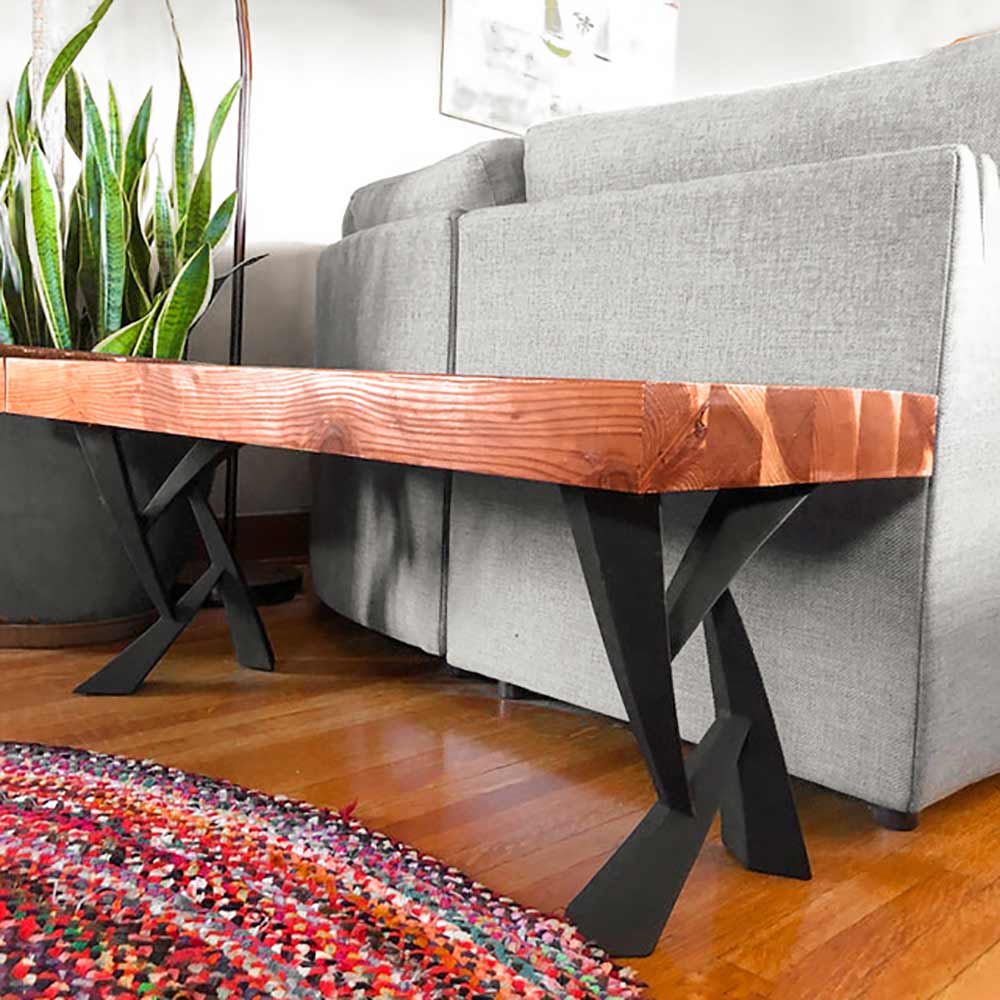 indoor wooden bench with X metal legs – epoxy top and modern black steel legs for home décor