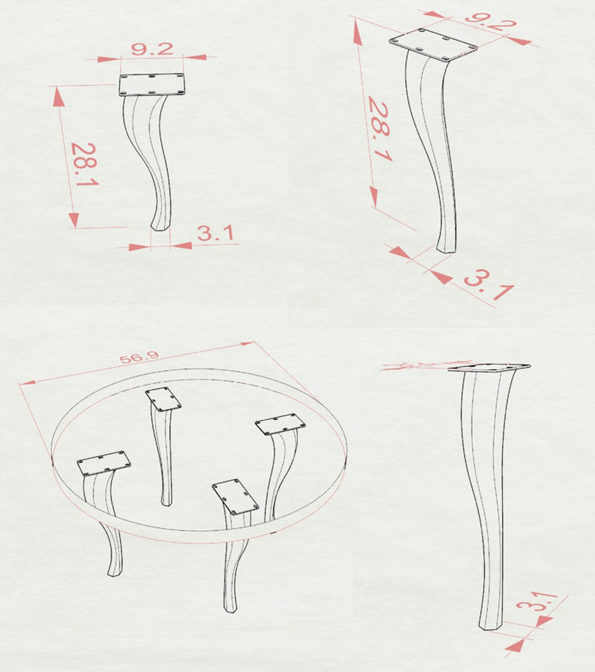 Metal Table Legs - 502 Priya - 3W, 28H inch - Set of 4 pcs table legs furniture legs round dining office desk iron table legs live edge wood sofa hallway table industrial & rustic style heavy duty flowyline design