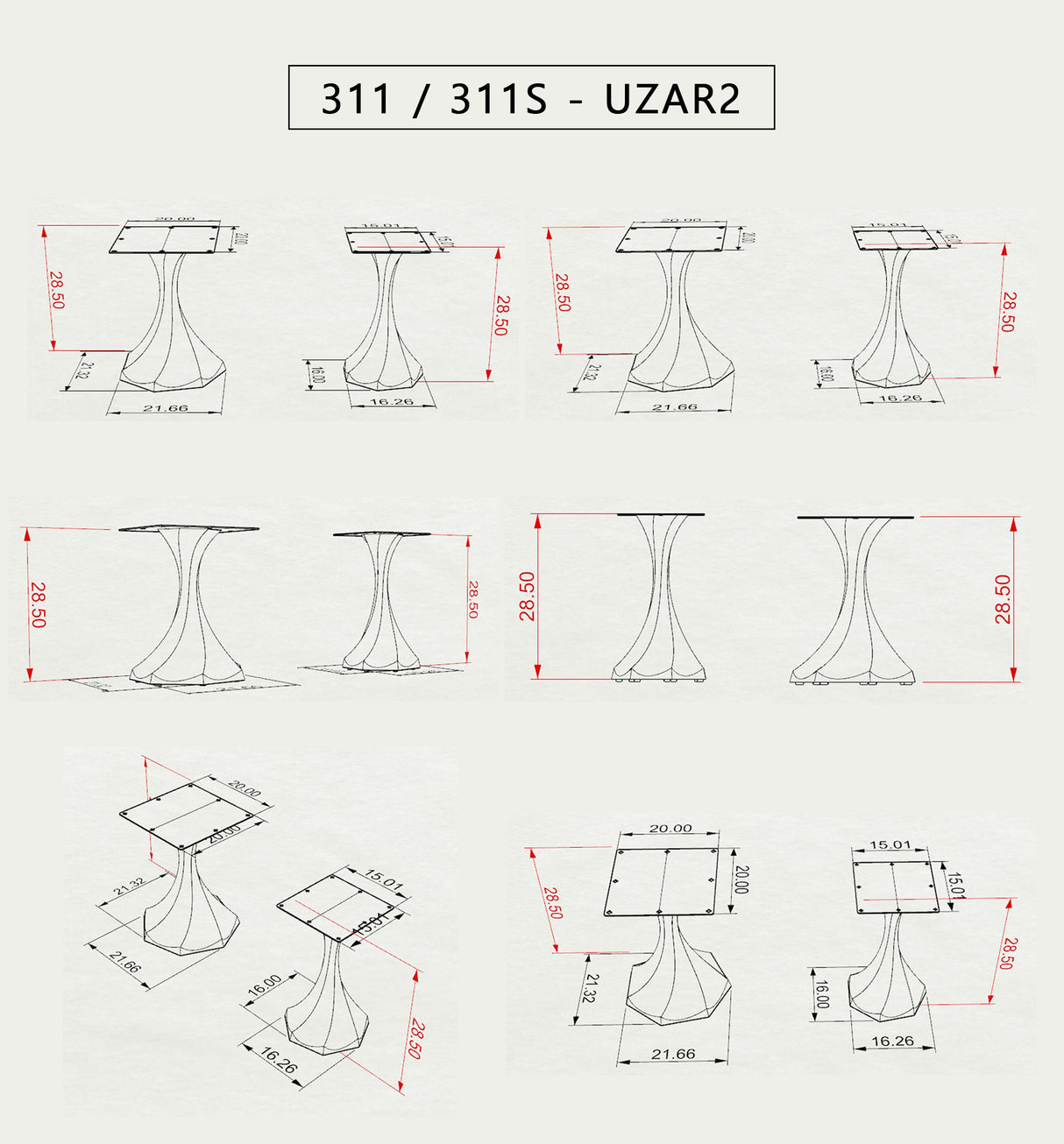 Table Base 311S Lithe 28H Tulip Legs - Heavy Duty; coffee table base; coffee table base only; wood coffee table base; coffee table base ideas;