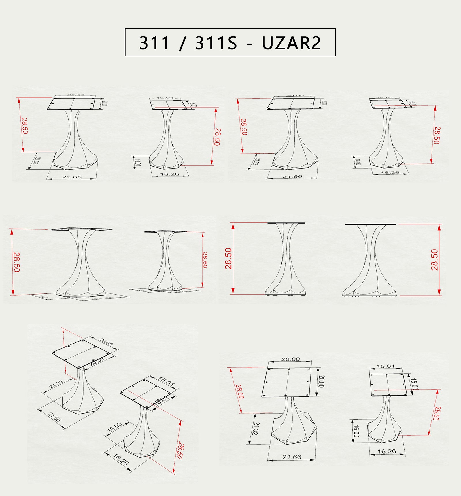 Table Base 311S Lithe 28H Heavy Duty Legs - Flowyline Design