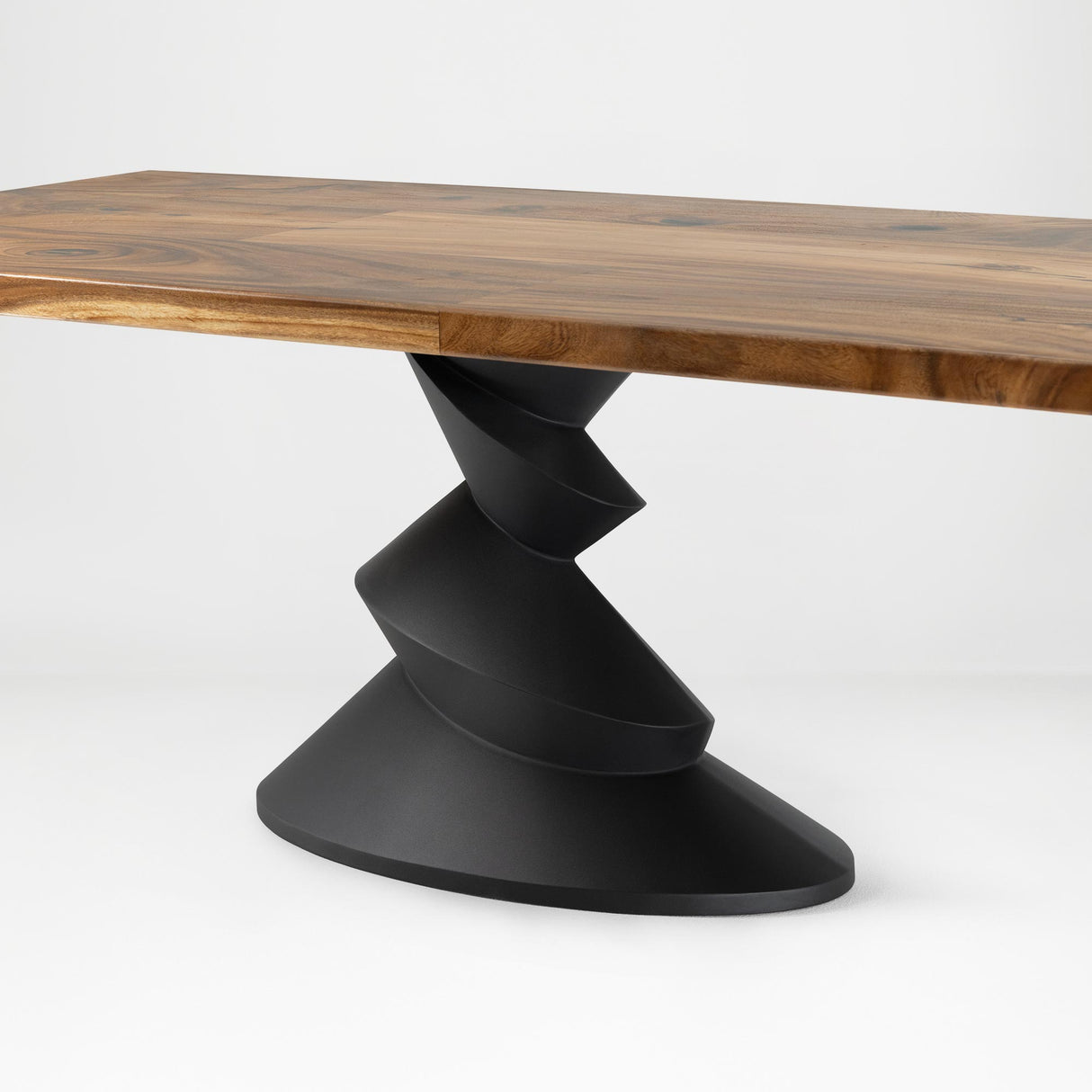 Metal Table Base 340 | 340S Horix 28.5" H – dynamic forward-leaning pedestal base in matte black powder-coated steel. This heavy-duty sculptural metal base provides an oval sturdy foundation (1,000 lbs capacity) in two sizes: Model 340 (16"x16") and Model 340S (34"x18"). A premium DIY steel table base engineered for a heavy live-edge tabletop, marble slab, or wood top.
