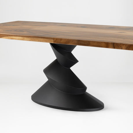 Metal Table Base 340 | 340S Horix 28.5" H – dynamic forward-leaning pedestal base in matte black powder-coated steel. This heavy-duty sculptural metal base provides an oval sturdy foundation (1,000 lbs capacity) in two sizes: Model 340 (16"x16") and Model 340S (34"x18"). A premium DIY steel table base engineered for a heavy live-edge tabletop, marble slab, or wood top.