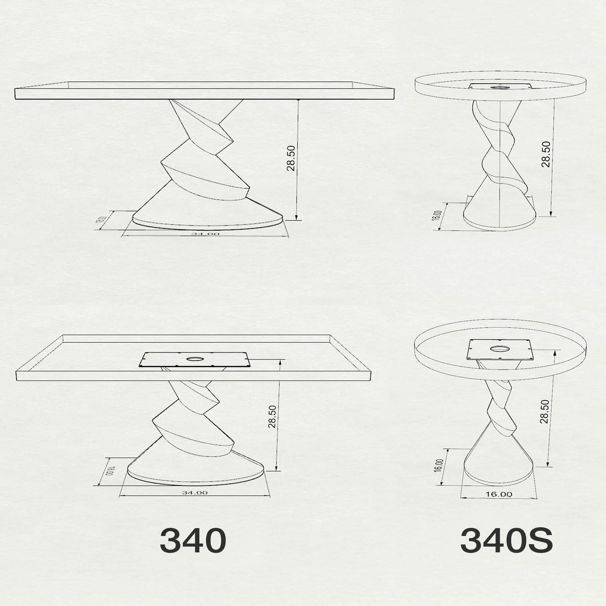 Metal Table Base 340 | 340S Horix 28.5" H – dynamic forward-leaning pedestal base in matte black powder-coated steel. This heavy-duty sculptural metal base provides an oval sturdy foundation (1,000 lbs capacity) in two sizes: Model 340 (16"x16") and Model 340S (34"x18"). A premium DIY steel table base engineered for a heavy live-edge tabletop, marble slab, or wood top.