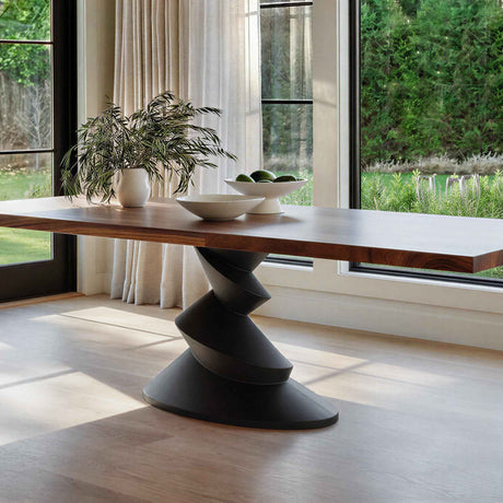 Metal Table Base 340 | 340S Horix 28.5" H – dynamic forward-leaning pedestal base in matte black powder-coated steel. This heavy-duty sculptural metal base provides an oval sturdy foundation (1,000 lbs capacity) in two sizes: Model 340 (16"x16") and Model 340S (34"x18"). A premium DIY steel table base engineered for a heavy live-edge tabletop, marble slab, or wood top.