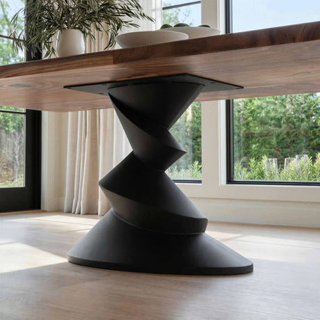 Metal Table Base 340 | 340S Horix 28.5" H – dynamic forward-leaning pedestal base in matte black powder-coated steel. This heavy-duty sculptural metal base provides an oval sturdy foundation (1,000 lbs capacity) in two sizes: Model 340 (16"x16") and Model 340S (34"x18"). A premium DIY steel table base engineered for a heavy live-edge tabletop, marble slab, or wood top.