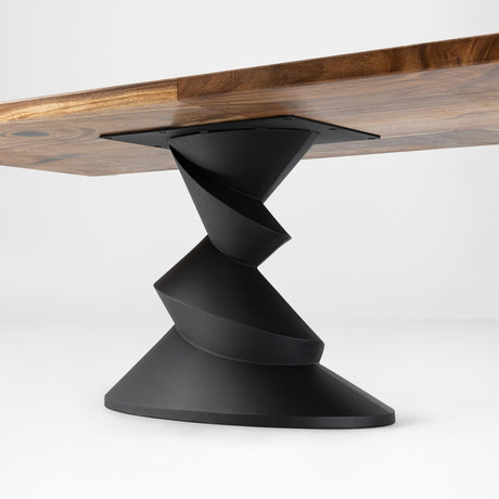 Metal Table Base 340 | 340S Horix 28.5" H – dynamic forward-leaning pedestal base in matte black powder-coated steel. This heavy-duty sculptural metal base provides an oval sturdy foundation (1,000 lbs capacity) in two sizes: Model 340 (16"x16") and Model 340S (34"x18"). A premium DIY steel table base engineered for a heavy live-edge tabletop, marble slab, or wood top.