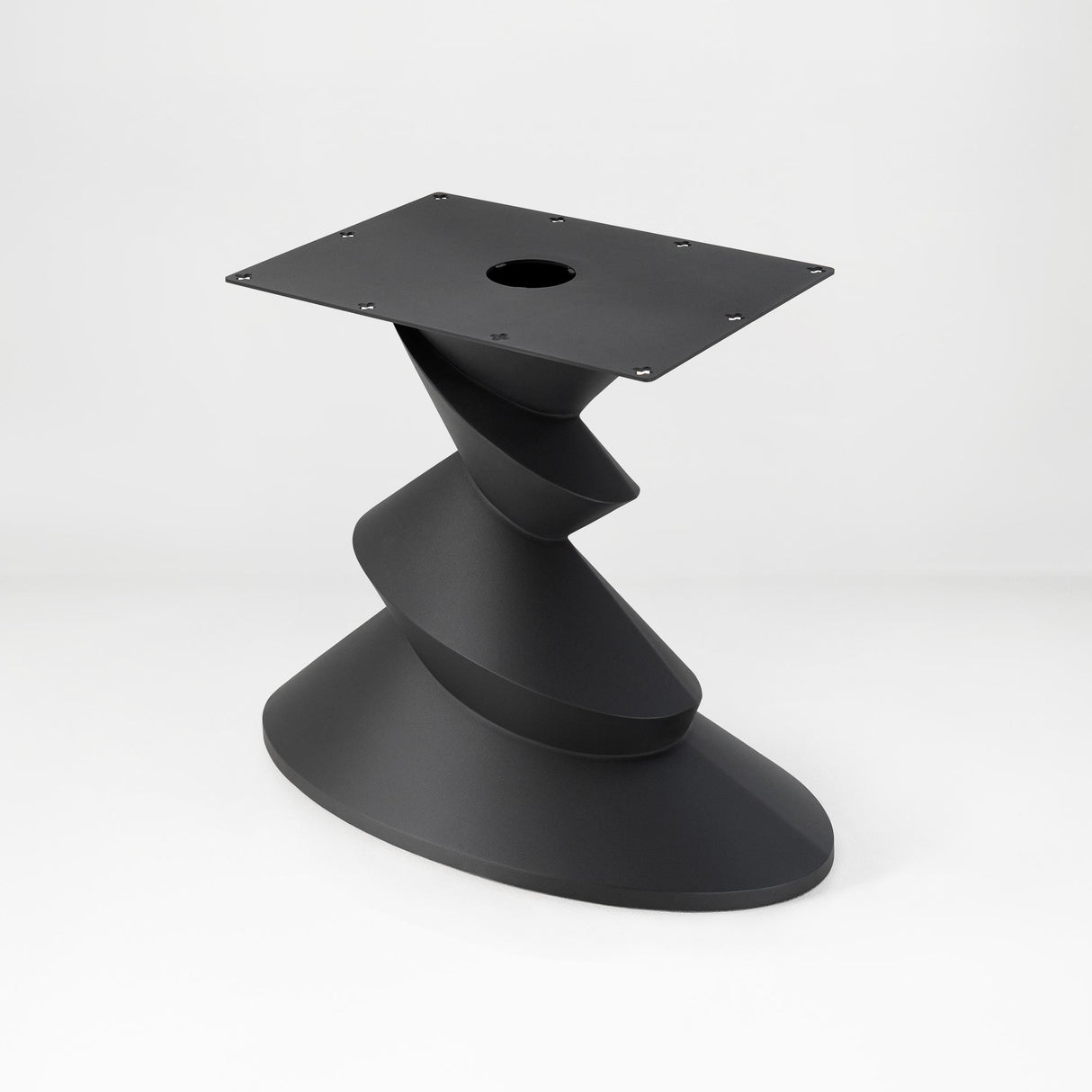 Metal Table Base 340 | 340S Horix 28.5" H – dynamic forward-leaning pedestal base in matte black powder-coated steel. This heavy-duty sculptural metal base provides an oval sturdy foundation (1,000 lbs capacity) in two sizes: Model 340 (16"x16") and Model 340S (34"x18"). A premium DIY steel table base engineered for a heavy live-edge tabletop, marble slab, or wood top.