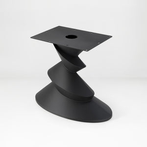 Metal Table Base 340 | 340S Horix 28.5" H – dynamic forward-leaning pedestal base in matte black powder-coated steel. This heavy-duty sculptural metal base provides an oval sturdy foundation (1,000 lbs capacity) in two sizes: Model 340 (16"x16") and Model 340S (34"x18"). A premium DIY steel table base engineered for a heavy live-edge tabletop, marble slab, or wood top.