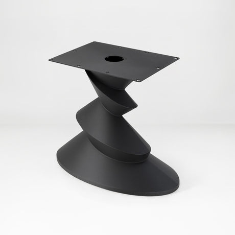 Metal Table Base 340 | 340S Horix 28.5" H – dynamic forward-leaning pedestal base in matte black powder-coated steel. This heavy-duty sculptural metal base provides an oval sturdy foundation (1,000 lbs capacity) in two sizes: Model 340 (16"x16") and Model 340S (34"x18"). A premium DIY steel table base engineered for a heavy live-edge tabletop, marble slab, or wood top.