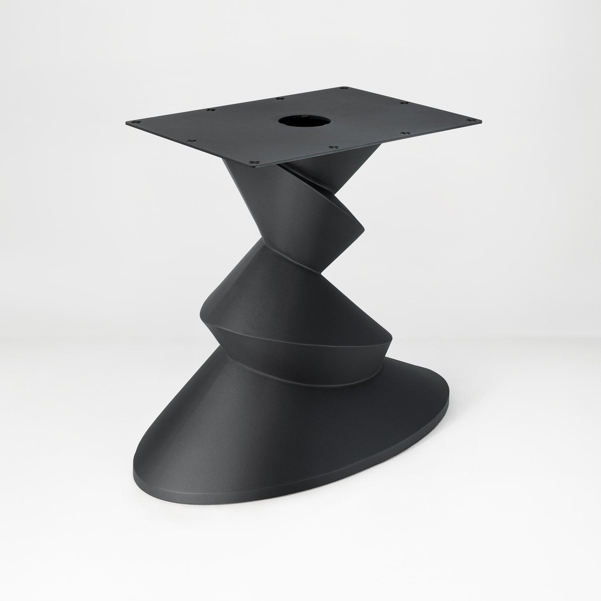 Metal Table Base 340 | 340S Horix 28.5" H – dynamic forward-leaning pedestal base in matte black powder-coated steel. This heavy-duty sculptural metal base provides an oval sturdy foundation (1,000 lbs capacity) in two sizes: Model 340 (16"x16") and Model 340S (34"x18"). A premium DIY steel table base engineered for a heavy live-edge tabletop, marble slab, or wood top.