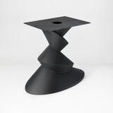 Metal Table Base 340 | 340S Horix 28.5" H – dynamic forward-leaning pedestal base in matte black powder-coated steel. This heavy-duty sculptural metal base provides an oval sturdy foundation (1,000 lbs capacity) in two sizes: Model 340 (16"x16") and Model 340S (34"x18"). A premium DIY steel table base engineered for a heavy live-edge tabletop, marble slab, or wood top.