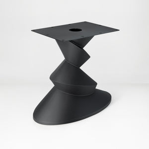Metal Table Base 340 | 340S Horix 28.5" H – dynamic forward-leaning pedestal base in matte black powder-coated steel. This heavy-duty sculptural metal base provides an oval sturdy foundation (1,000 lbs capacity) in two sizes: Model 340 (16"x16") and Model 340S (34"x18"). A premium DIY steel table base engineered for a heavy live-edge tabletop, marble slab, or wood top.