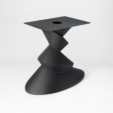 Metal Table Base 340 | 340S Horix 28.5" H – dynamic forward-leaning pedestal base in matte black powder-coated steel. This heavy-duty sculptural metal base provides an oval sturdy foundation (1,000 lbs capacity) in two sizes: Model 340 (16"x16") and Model 340S (34"x18"). A premium DIY steel table base engineered for a heavy live-edge tabletop, marble slab, or wood top.