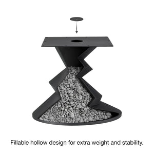 Metal Table Base 340 | 340S Horix 28.5" H – dynamic forward-leaning pedestal base in matte black powder-coated steel. This heavy-duty sculptural metal base provides an oval sturdy foundation (1,000 lbs capacity) in two sizes: Model 340 (16"x16") and Model 340S (34"x18"). A premium DIY steel table base engineered for a heavy live-edge tabletop, marble slab, or wood top.