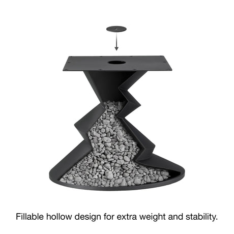 Metal Table Base 340 | 340S Horix 28.5" H – dynamic forward-leaning pedestal base in matte black powder-coated steel. This heavy-duty sculptural metal base provides an oval sturdy foundation (1,000 lbs capacity) in two sizes: Model 340 (16"x16") and Model 340S (34"x18"). A premium DIY steel table base engineered for a heavy live-edge tabletop, marble slab, or wood top.