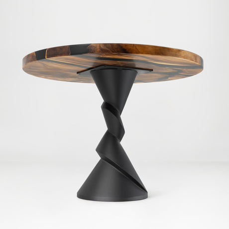 Metal Table Base 340 | 340S Horix 28.5" H – dynamic forward-leaning pedestal base in matte black powder-coated steel. This heavy-duty sculptural metal base provides an oval sturdy foundation (1,000 lbs capacity) in two sizes: Model 340 (16"x16") and Model 340S (34"x18"). A premium DIY steel table base engineered for a heavy live-edge tabletop, marble slab, or wood top.
