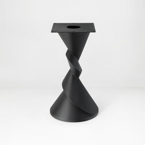Metal Table Base 340 | 340S Horix 28.5" H – dynamic forward-leaning pedestal base in matte black powder-coated steel. This heavy-duty sculptural metal base provides an oval sturdy foundation (1,000 lbs capacity) in two sizes: Model 340 (16"x16") and Model 340S (34"x18"). A premium DIY steel table base engineered for a heavy live-edge tabletop, marble slab, or wood top.