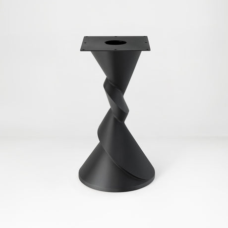 Metal Table Base 340 | 340S Horix 28.5" H – dynamic forward-leaning pedestal base in matte black powder-coated steel. This heavy-duty sculptural metal base provides an oval sturdy foundation (1,000 lbs capacity) in two sizes: Model 340 (16"x16") and Model 340S (34"x18"). A premium DIY steel table base engineered for a heavy live-edge tabletop, marble slab, or wood top.
