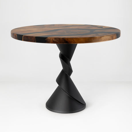 Metal Table Base 340 | 340S Horix 28.5" H – dynamic forward-leaning pedestal base in matte black powder-coated steel. This heavy-duty sculptural metal base provides an oval sturdy foundation (1,000 lbs capacity) in two sizes: Model 340 (16"x16") and Model 340S (34"x18"). A premium DIY steel table base engineered for a heavy live-edge tabletop, marble slab, or wood top.