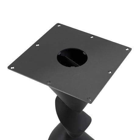 Metal Table Base 340 | 340S Horix 28.5" H – dynamic forward-leaning pedestal base in matte black powder-coated steel. This heavy-duty sculptural metal base provides an oval sturdy foundation (1,000 lbs capacity) in two sizes: Model 340 (16"x16") and Model 340S (34"x18"). A premium DIY steel table base engineered for a heavy live-edge tabletop, marble slab, or wood top.